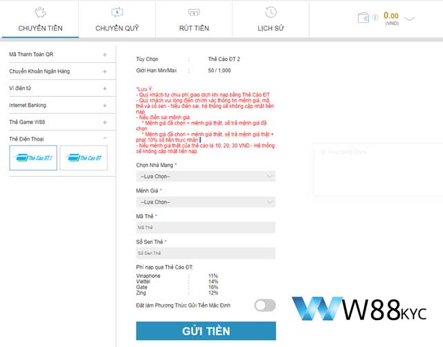 Cách gửi tiền W88 qua thẻ điện thoại thanh toán an toàn