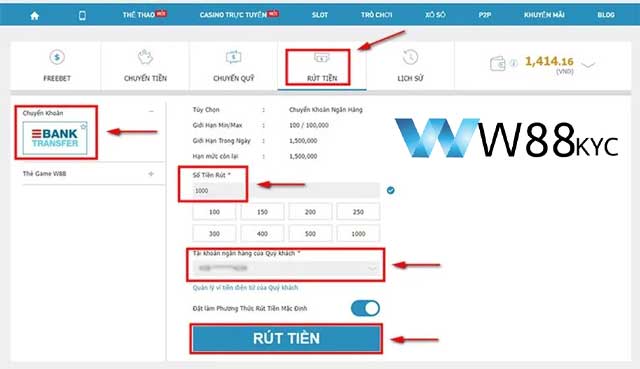 Điền thông tin để rút tiền W88