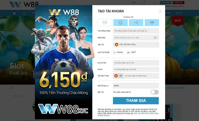 Điền thông tin W88 đăng ký