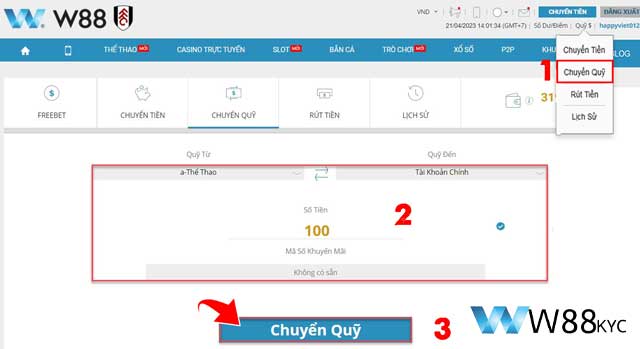 Thực hiện thao tác chuyển quỹ vào ví chính